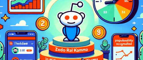 Illustration av en tecknad Reddit-maskot som står på ett podium omgivet av grafer, smartphones med Reddit-appar, och olika symboler för poäng och popularitet.