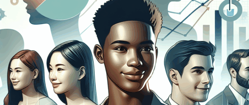 Ungdomar av olika bakgrunder står tillsammans överlagrade med grafiska element som diagram och symboler, vilket symboliserar samarbete och dataanalys.