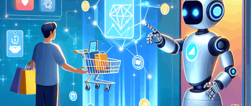 En man står framför en digital skärm med en kundvagn, medan en robot interagerar med shoppingikoner på en stor smartphone.