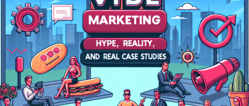 Tecknad bild som visar en grupp människor engagerade i olika marknadsföringsaktiviteter framför en stadssilhuett och en stor skärm med texten 