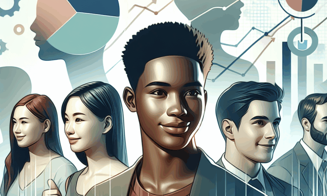 Ungdomar av olika bakgrunder står tillsammans överlagrade med grafiska element som diagram och symboler, vilket symboliserar samarbete och dataanalys.