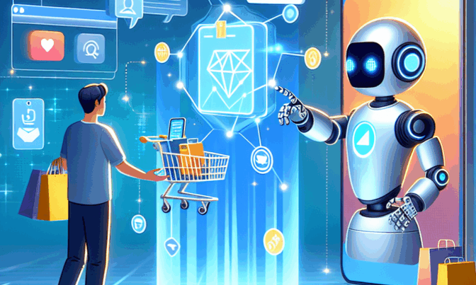 En man står framför en digital skärm med en kundvagn, medan en robot interagerar med shoppingikoner på en stor smartphone.