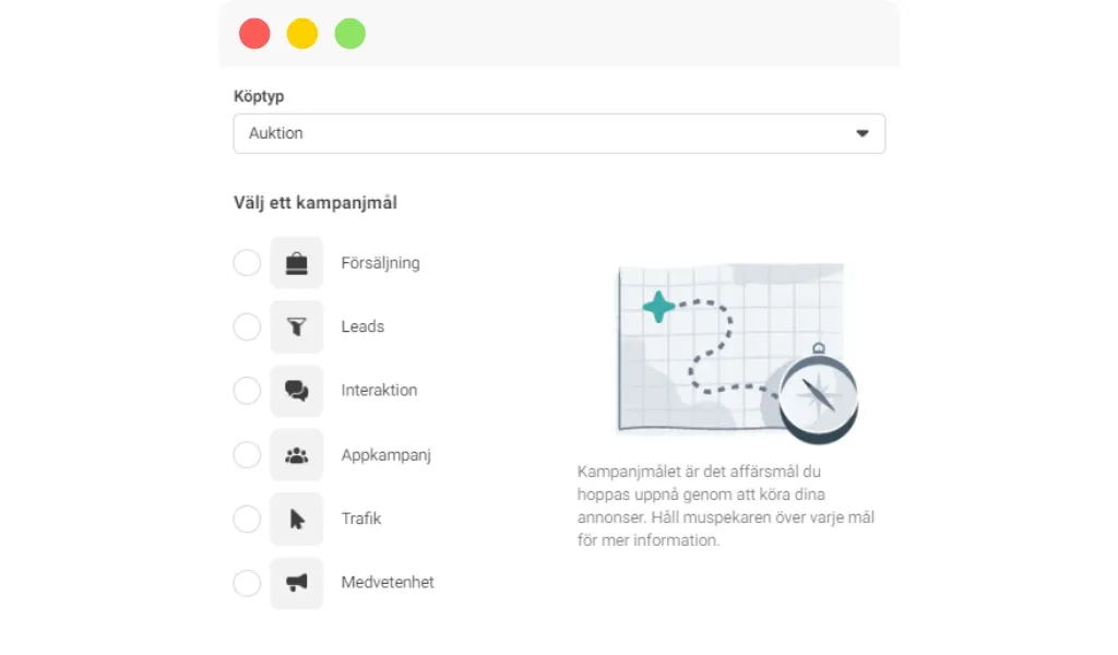 BIld på Facebook annonshanetrar hur man skapar en kampanj i facebook med de olika målen så som försäljning, leads, interaktion mm.