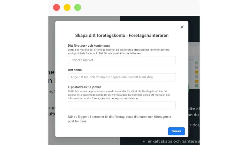 Bild på en webbläsare som har uppe skapa ditt företagskonto hos Facebook