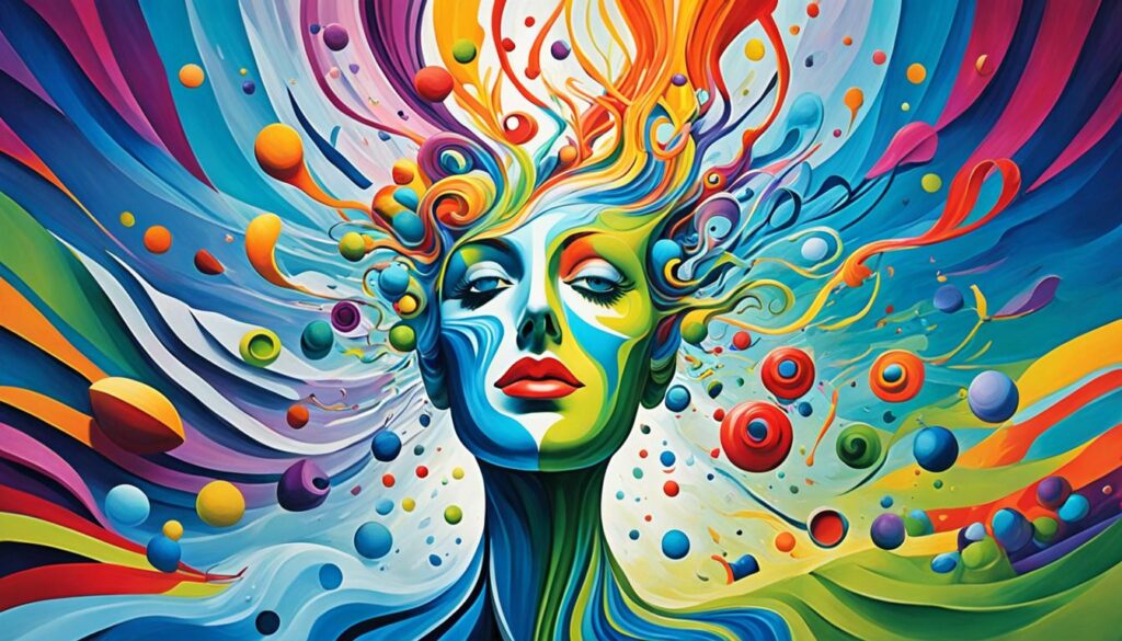 a painting of a woman with colorful hair