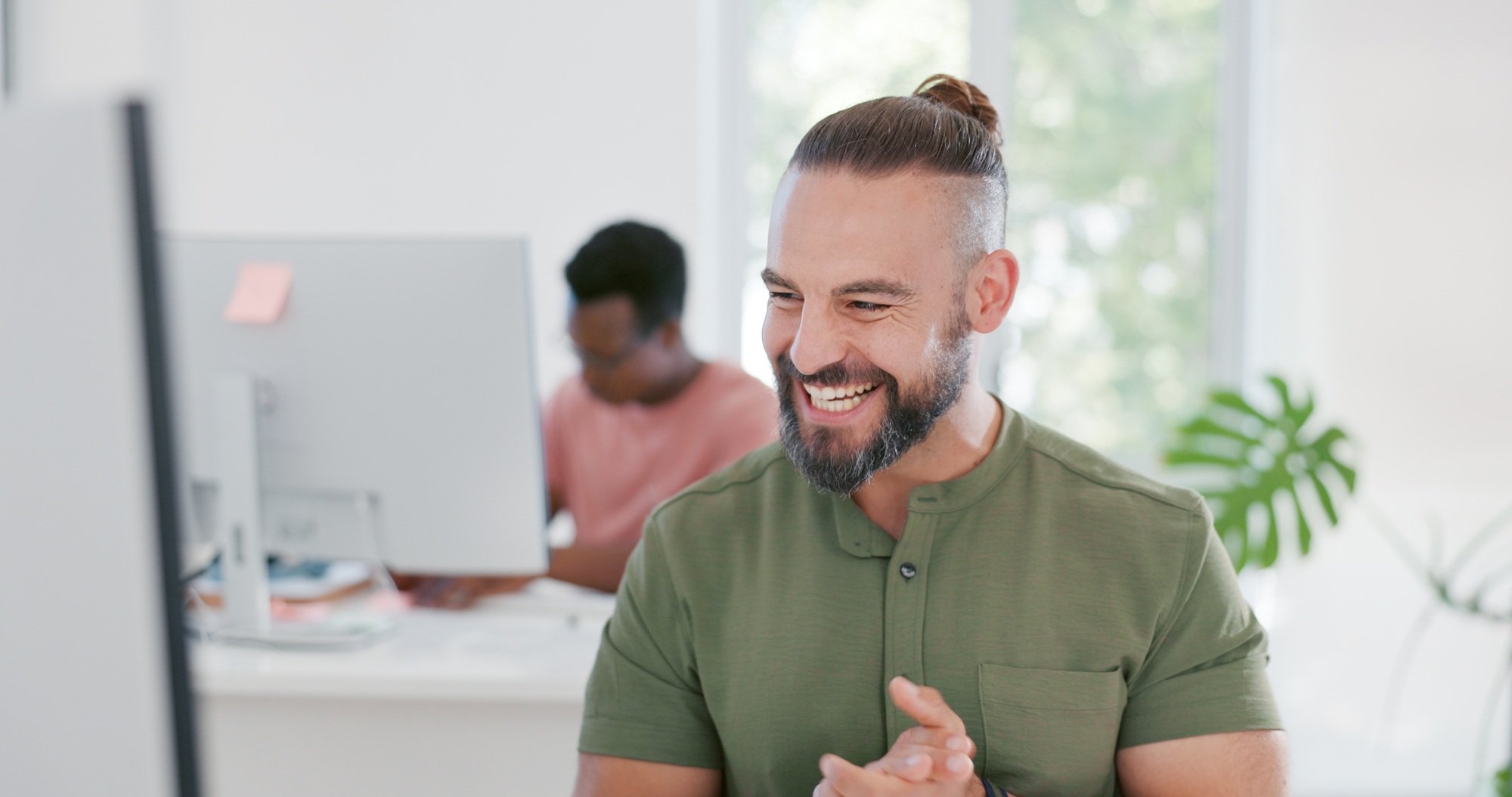 Computer, success and applause of business man celebrating goals, targets or office achievements. W