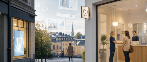Kvinna och tandvårdspersonal handskakar i klinikmiljö En kvinna handskakar med tandvårdspersonal i en klinik vid en lugn gata, med ett tandvårdsskylt utanför och stadsvyer i bakgrunden.