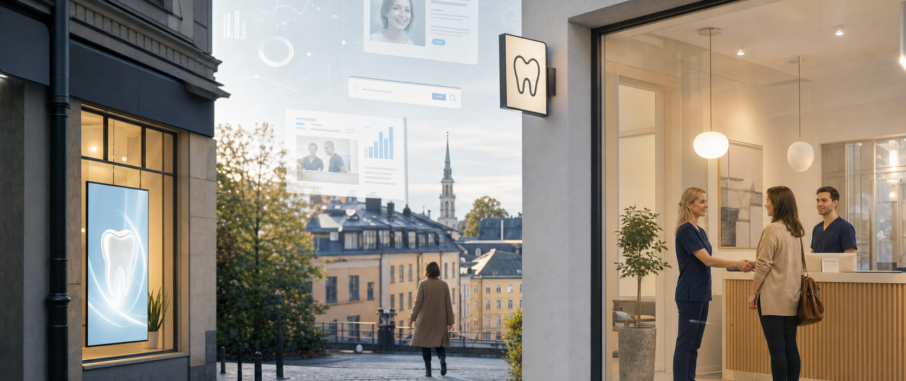 Kvinna och tandvårdspersonal handskakar i klinikmiljö En kvinna handskakar med tandvårdspersonal i en klinik vid en lugn gata, med ett tandvårdsskylt utanför och stadsvyer i bakgrunden.