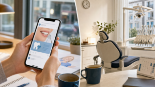 En person håller en smartphone som visar ett tandläkarrelaterat inlägg. Till höger en modern tandläkarstol i ett ljust rum med fönster och tandläkarutrustning.