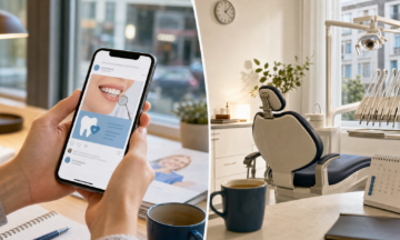 En person håller en smartphone som visar ett tandläkarrelaterat inlägg. Till höger en modern tandläkarstol i ett ljust rum med fönster och tandläkarutrustning.