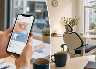 En person håller en smartphone som visar ett tandläkarrelaterat inlägg. Till höger en modern tandläkarstol i ett ljust rum med fönster och tandläkarutrustning.