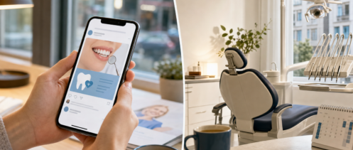 Smartphone som visar tandläkarinlägg vid sidan av tandläkarutrustning En person håller en smartphone som visar ett tandläkarrelaterat inlägg. Till höger en modern tandläkarstol i ett ljust rum med fönster och tandläkarutrustning.