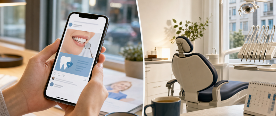 Smartphone som visar tandläkarinlägg vid sidan av tandläkarutrustning En person håller en smartphone som visar ett tandläkarrelaterat inlägg. Till höger en modern tandläkarstol i ett ljust rum med fönster och tandläkarutrustning.