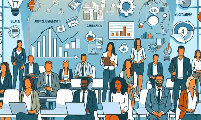 Illustration av en grupp olika kontorsarbetare i en konferens- eller mötesmiljö med diagram och grafer på väggen bakom dem, som representerar affärsanalys och publikforskning. {{brizy_dc_image_alt entityId=