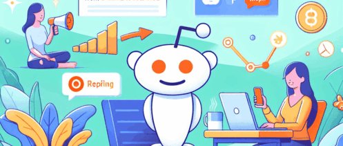 En illustration av Reddit-maskoten omgiven av två personer som arbetar; en person talar genom en megafon och den andra använder en bärbar dator vid ett skrivbord. Det finns diagram, text om marknadsföring på Reddit och symboler för sociala medier runtomkring.