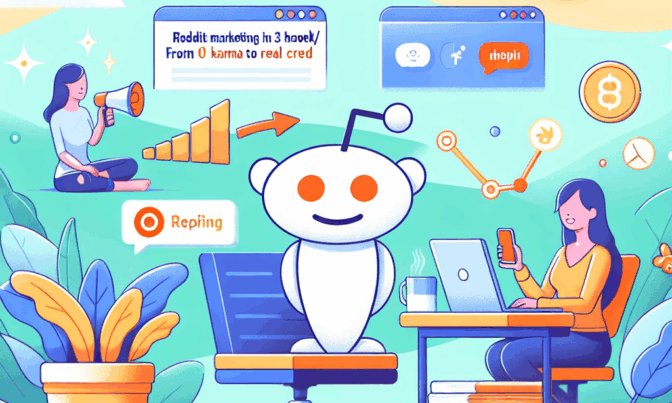 En illustration av Reddit-maskoten omgiven av två personer som arbetar; en person talar genom en megafon och den andra använder en bärbar dator vid ett skrivbord. Det finns diagram, text om marknadsföring på Reddit och symboler för sociala medier runtomkring.